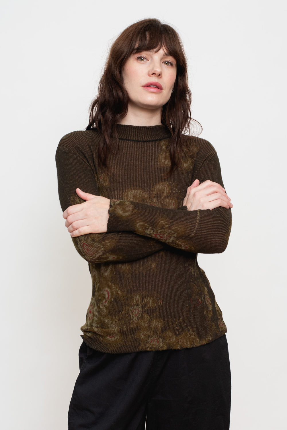 Cotton Knit Floral L/S Sweater, Charcoal Brown