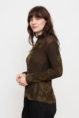 Cotton Knit Floral L/S Sweater, Charcoal Brown