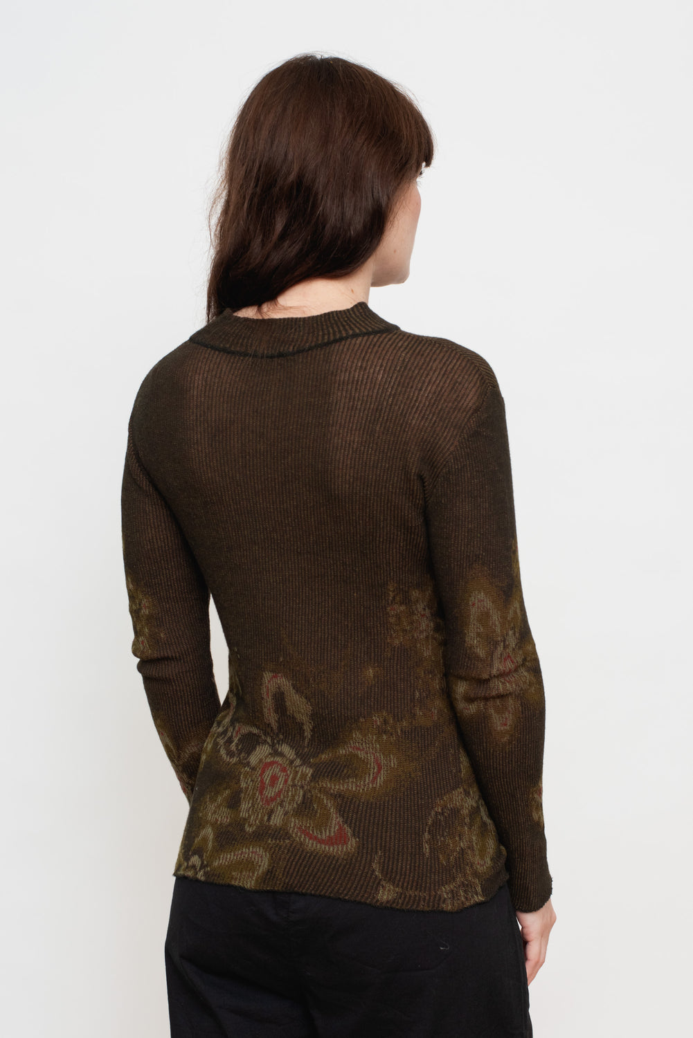 Cotton Knit Floral L/S Sweater, Charcoal Brown