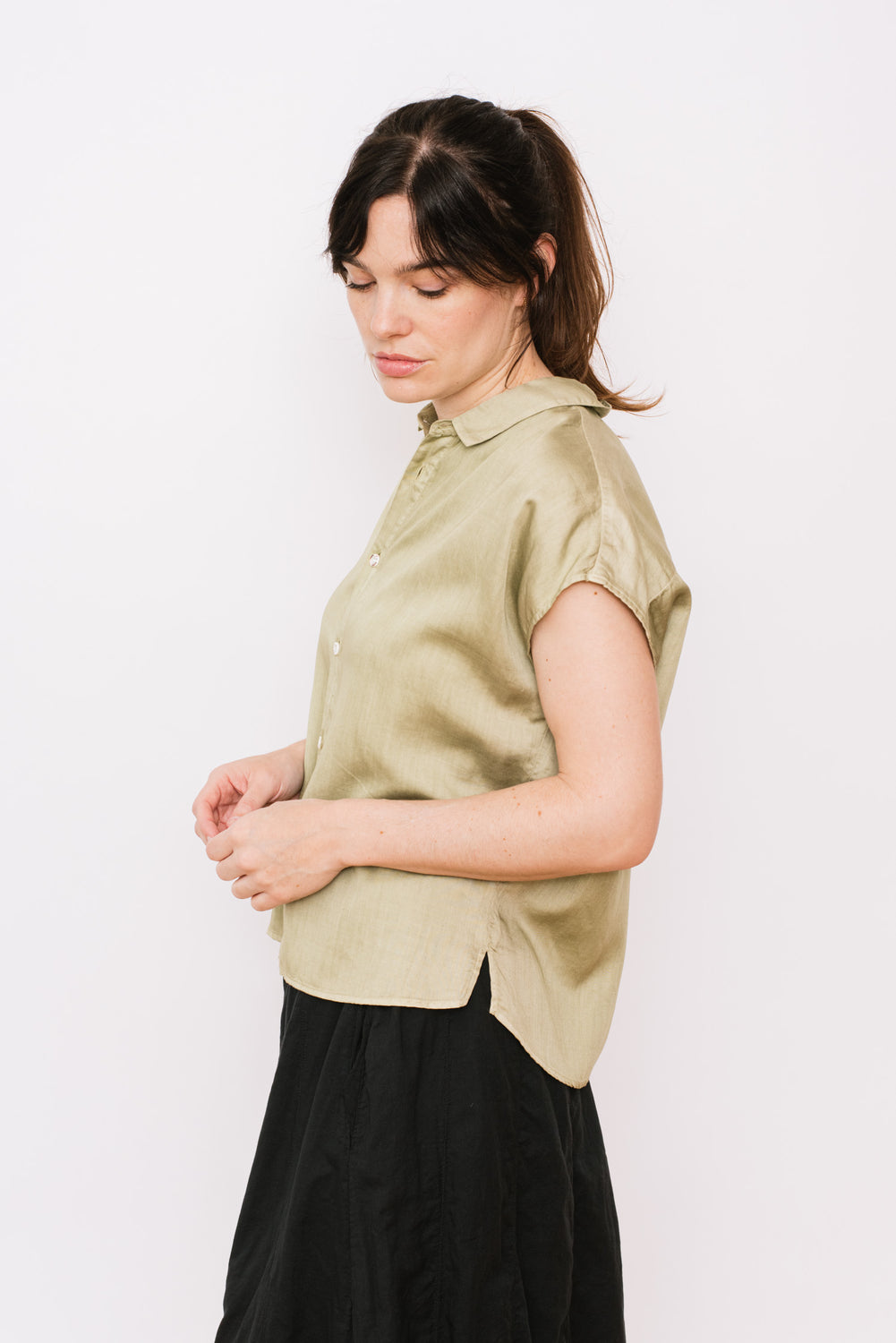 Woven Plant Dyed French Sleeve Shirt, Green