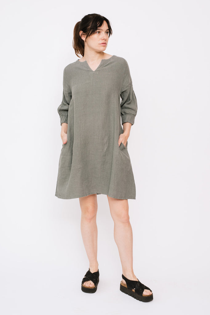 Linen Tunic Dress with Elastic Cuff, Cement