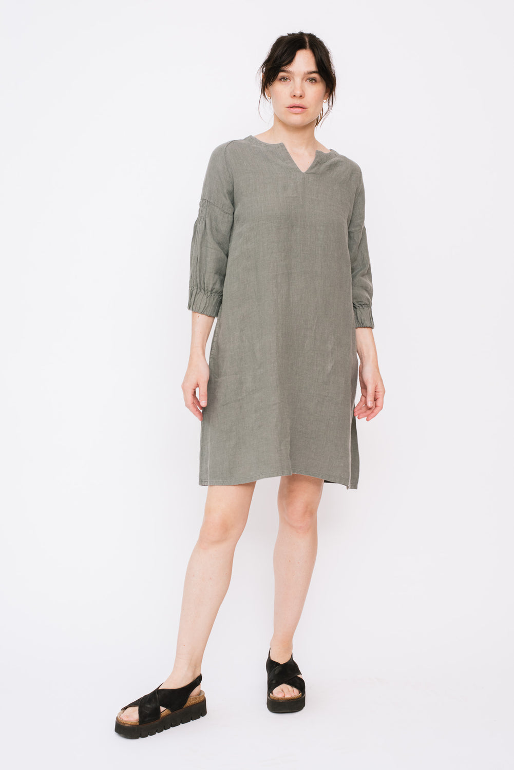 Linen Tunic Dress with Elastic Cuff, Cement