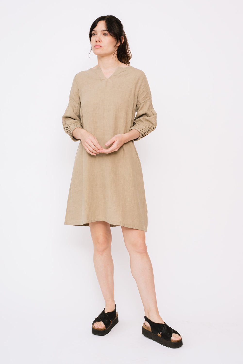 Linen Tunic Dress with Elastic Cuff, Mole