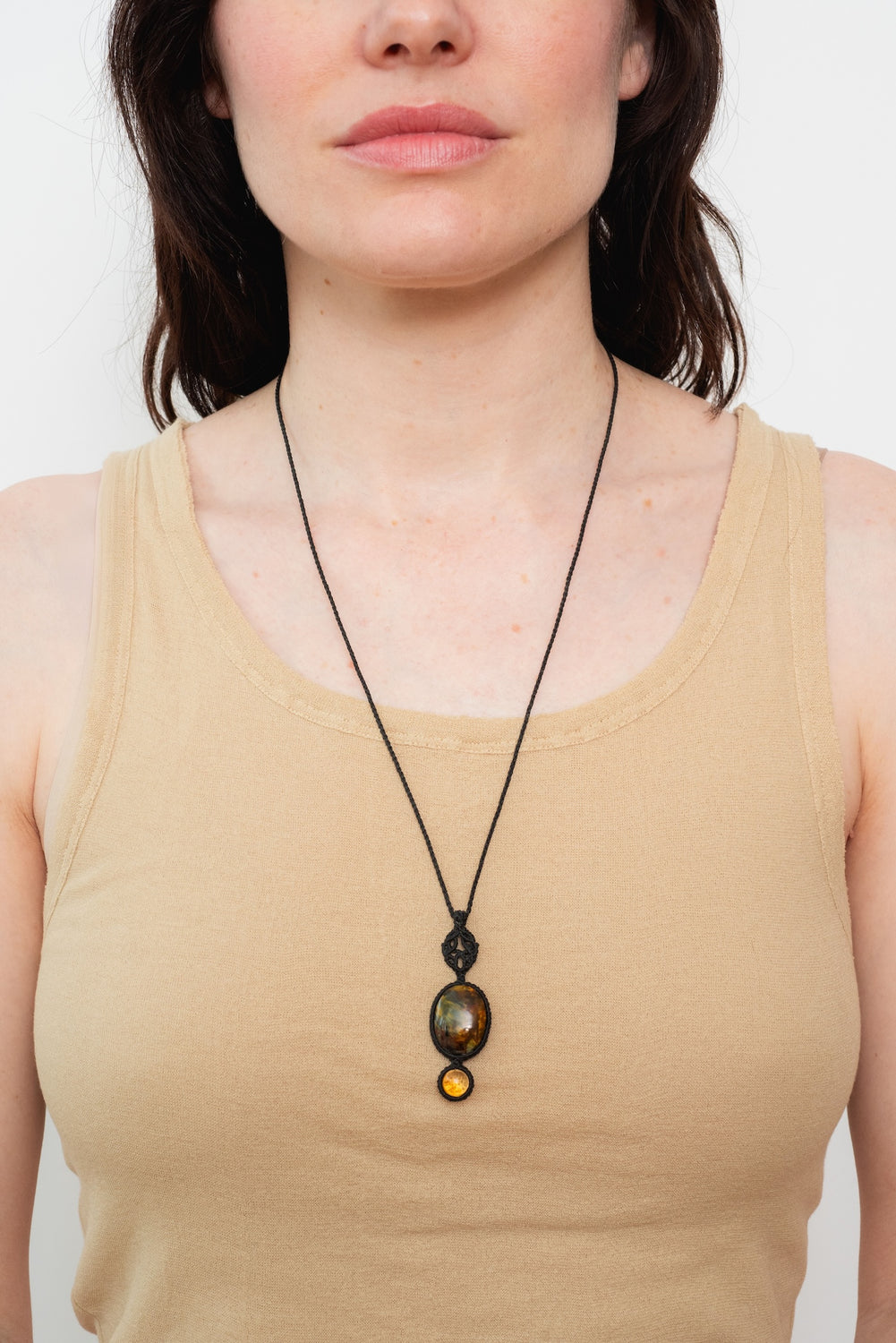 Two Stone Macrame Necklace with Citrine and Petersite