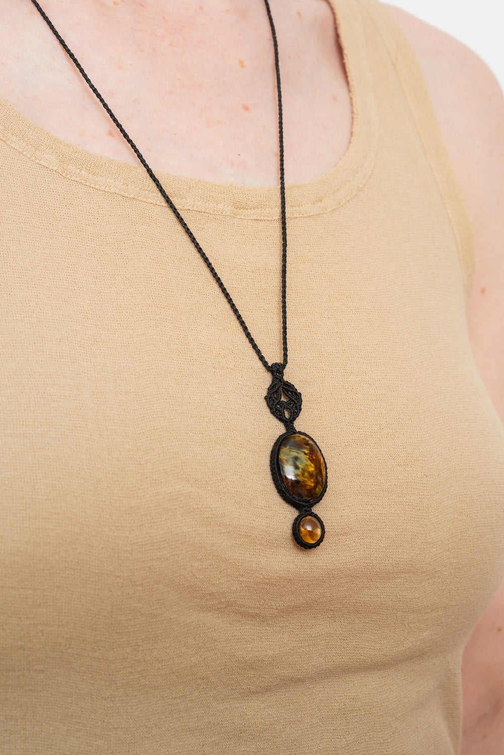 Two Stone Macrame Necklace with Citrine and Petersite