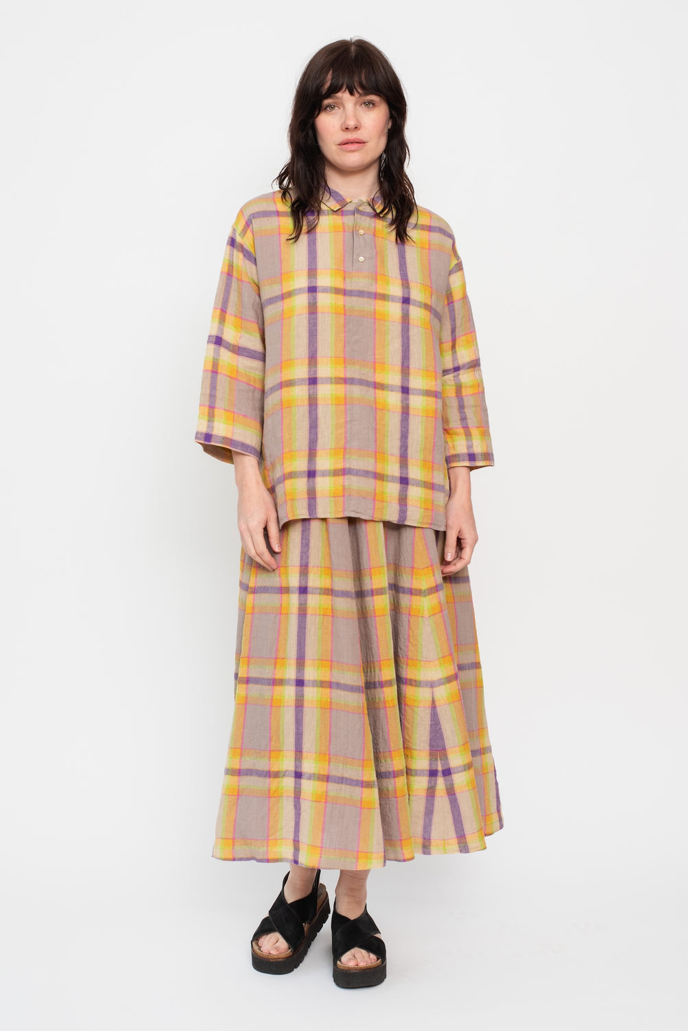 Linen Check Skirt Beige