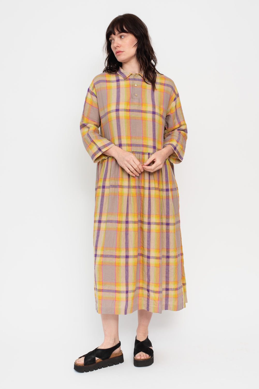 Linen Check Dress Beige