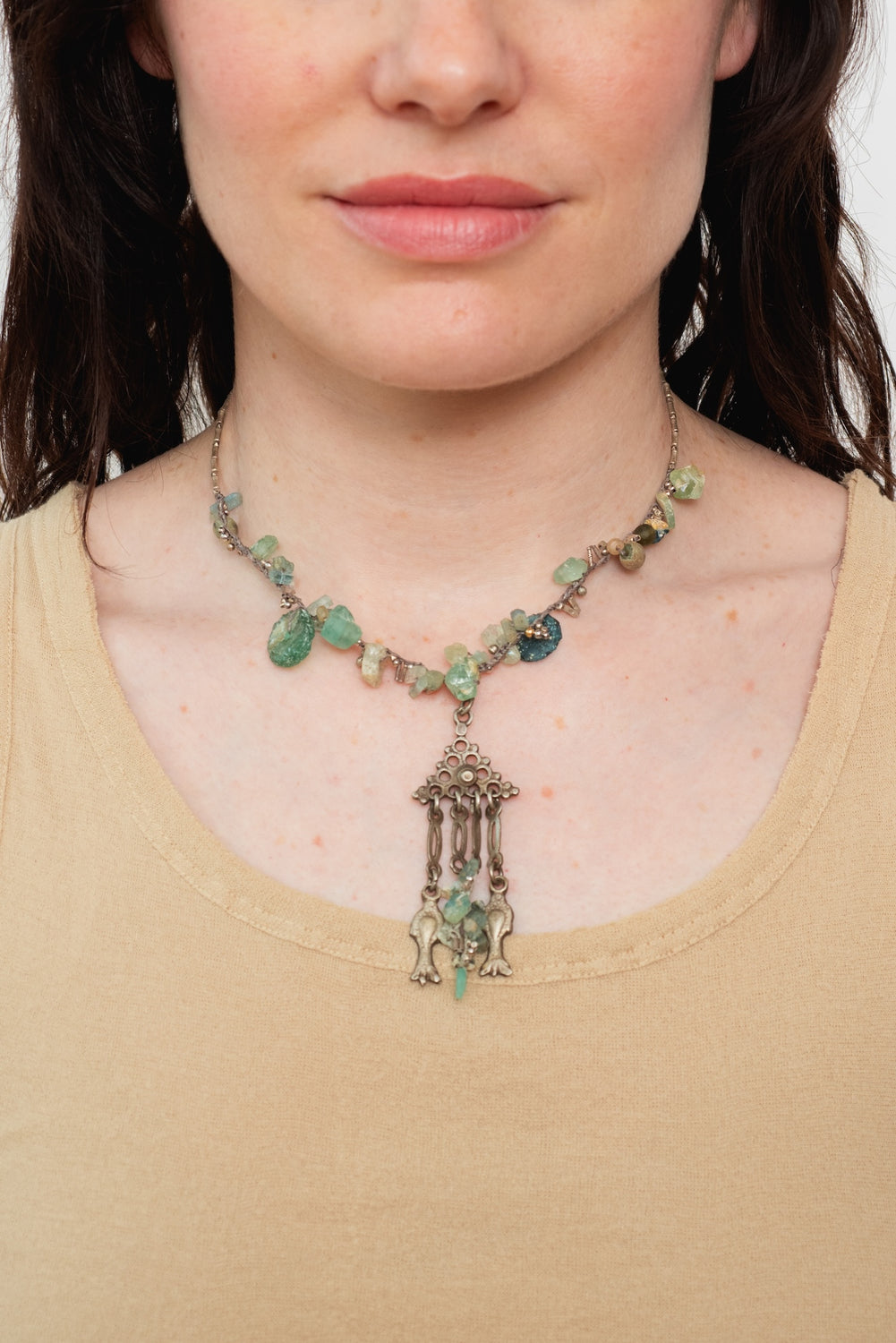 Silver Beads Necklace with Roman Glass and Aquamarine