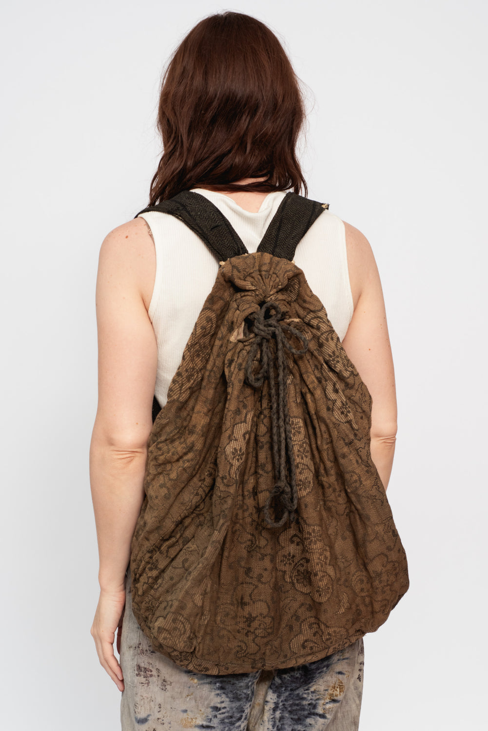Vintage Japanese Woven Cotton Drawstring Backpack