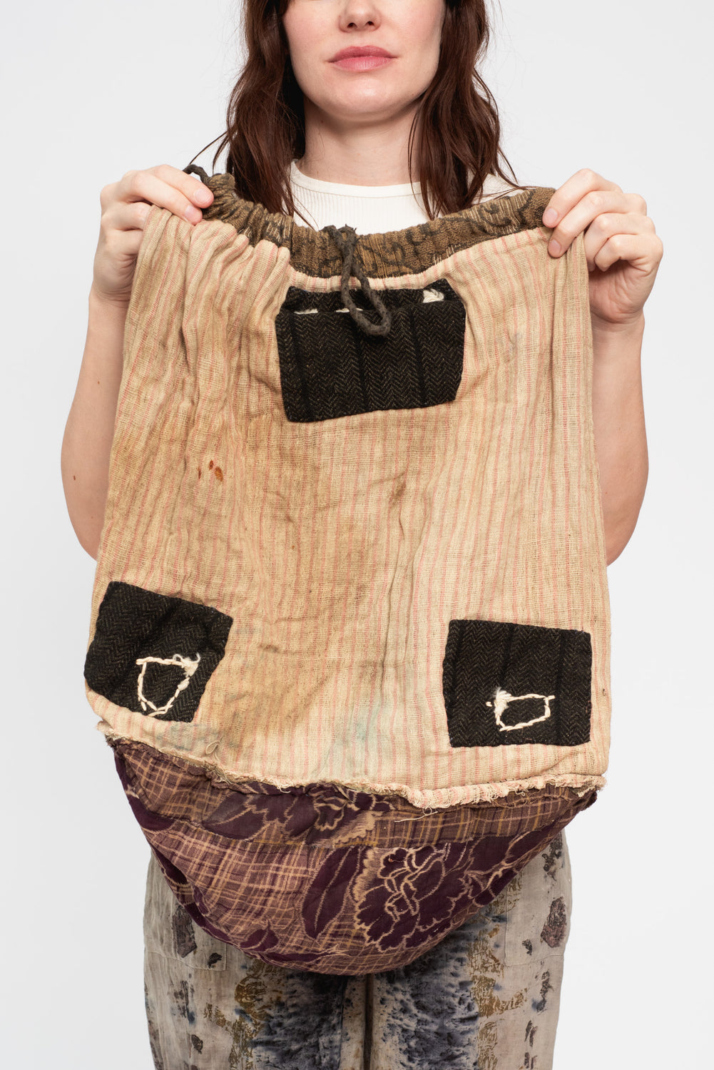 Vintage Japanese Woven Cotton Drawstring Backpack