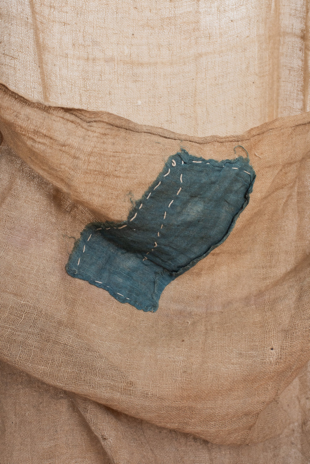 Vintage Japanese Handwoven Ramie Grain Sack with Indigo Repairs