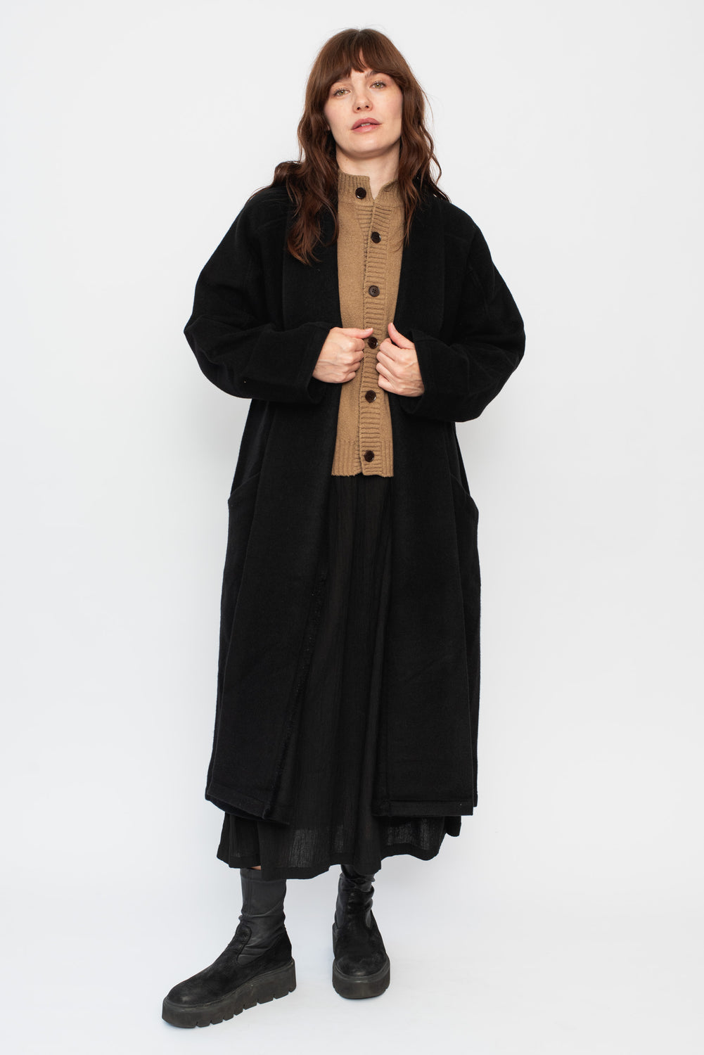 Wool Silk Camel Long Coat with Belt Black