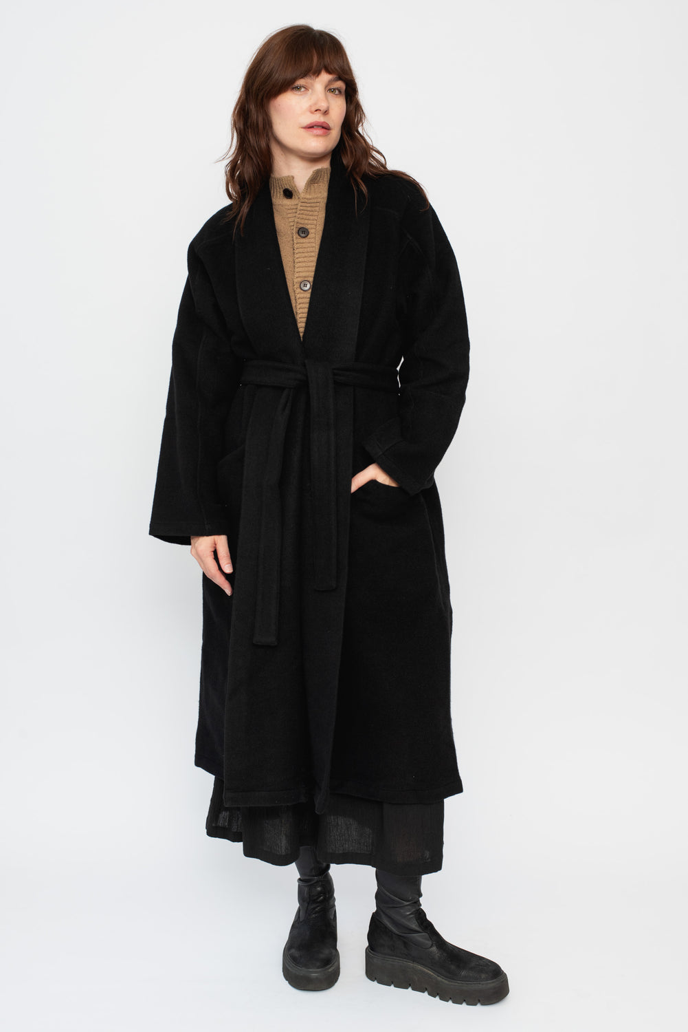 Wool Silk Camel Long Coat with Belt Black