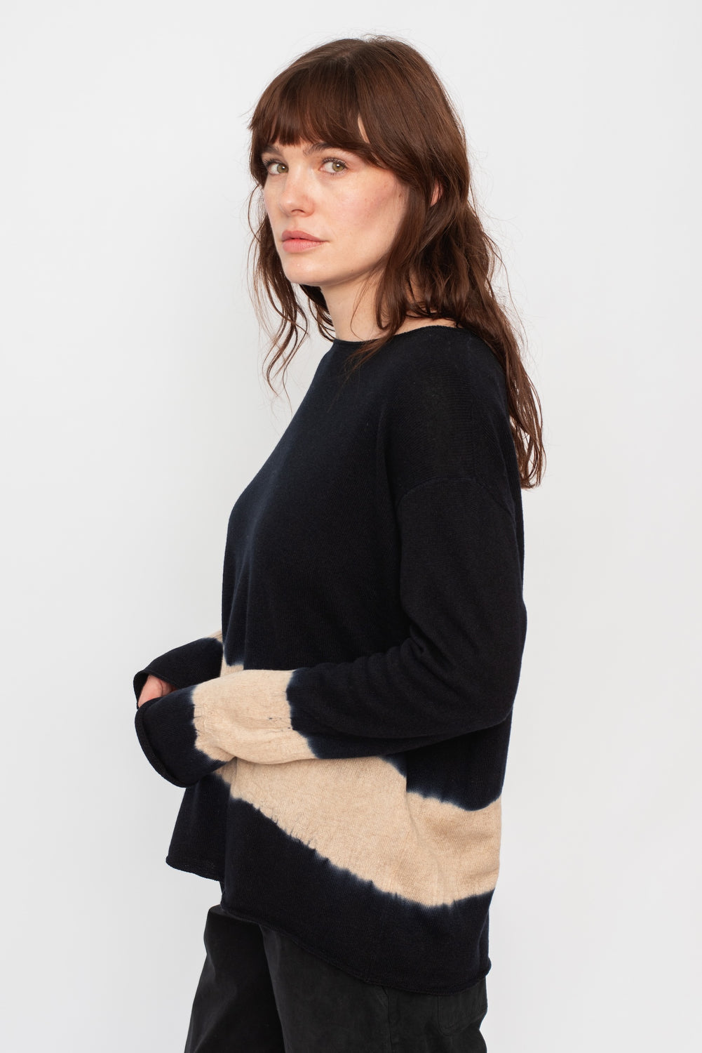 Cashmere and Wool Dyed Round Neck Pullover Navy