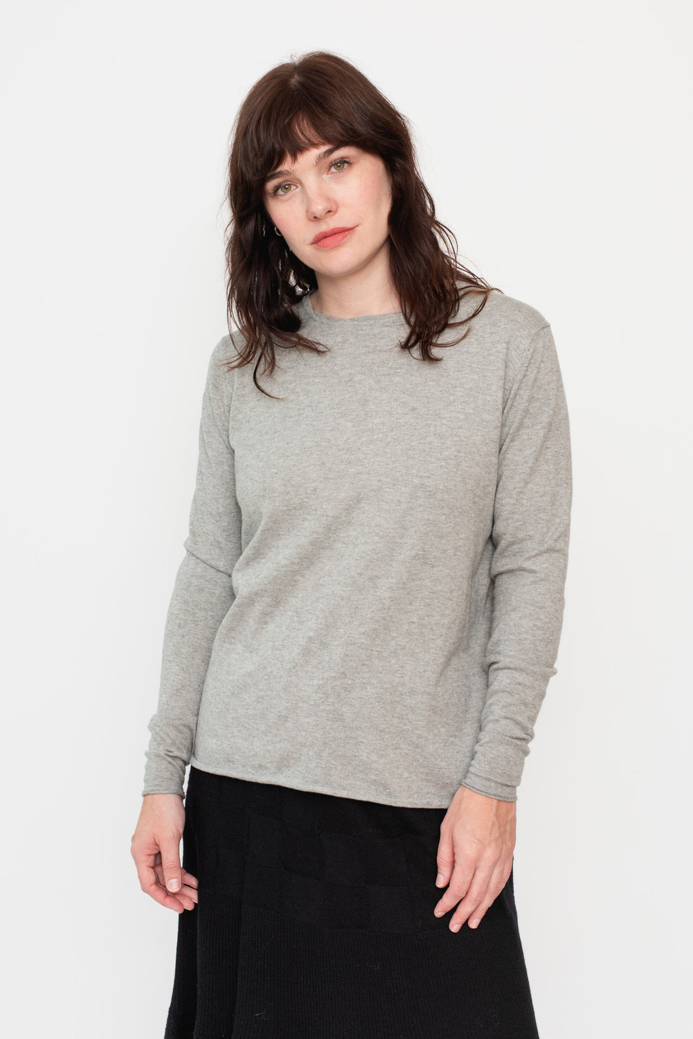 Cotton/Cashmere Knit Crew Long Sleeve T-Shirt Heather Gray