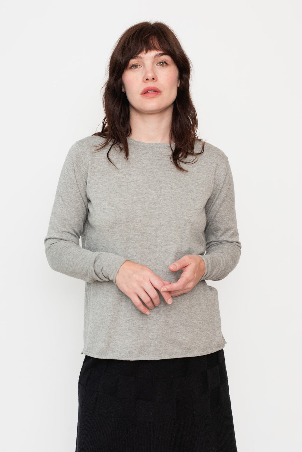 Cotton/Cashmere Knit Crew Long Sleeve T-Shirt Heather Gray