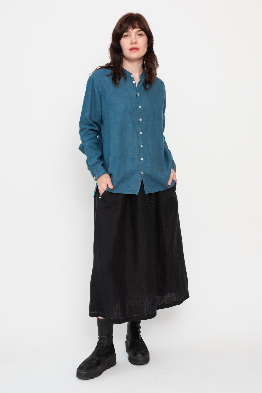 Unisex Button Up Hemp Shirt, Natural Indigo and Walnut