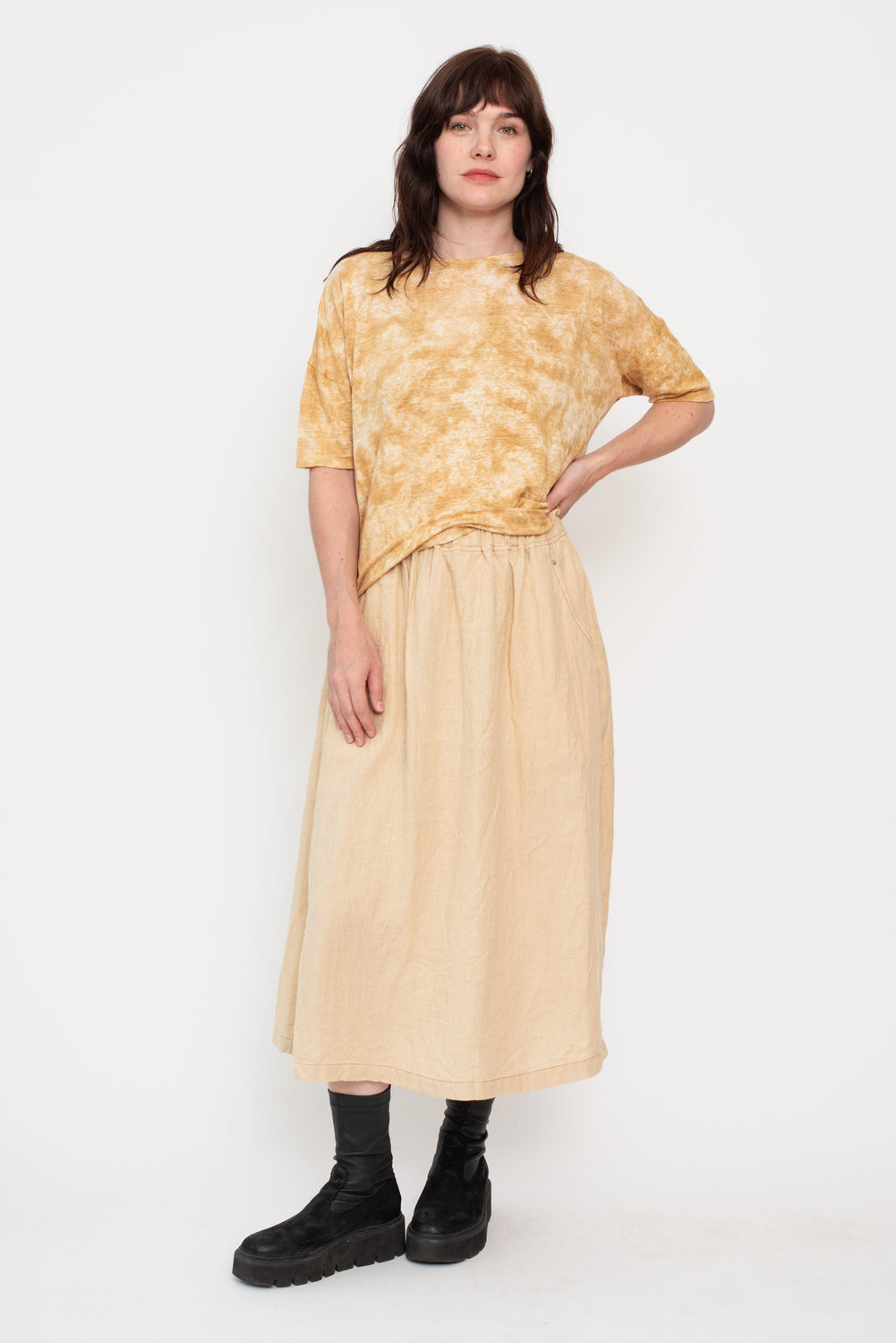 Hemp Canvas Gathered Flared Skirt Ecru