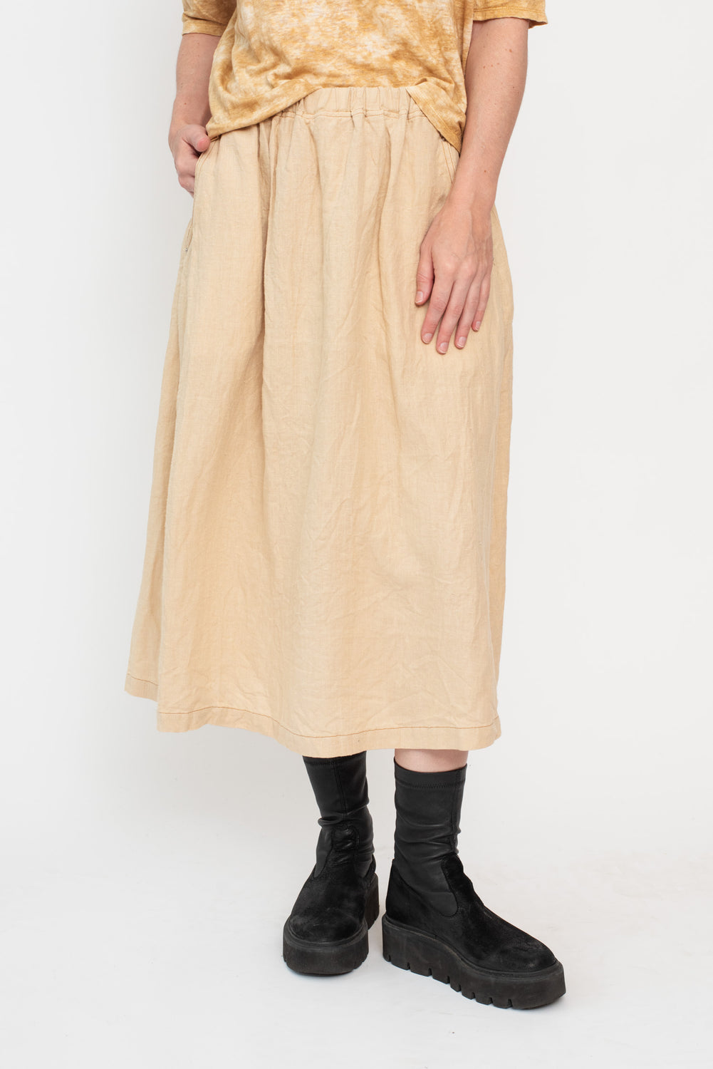 Hemp Canvas Gathered Flared Skirt Ecru