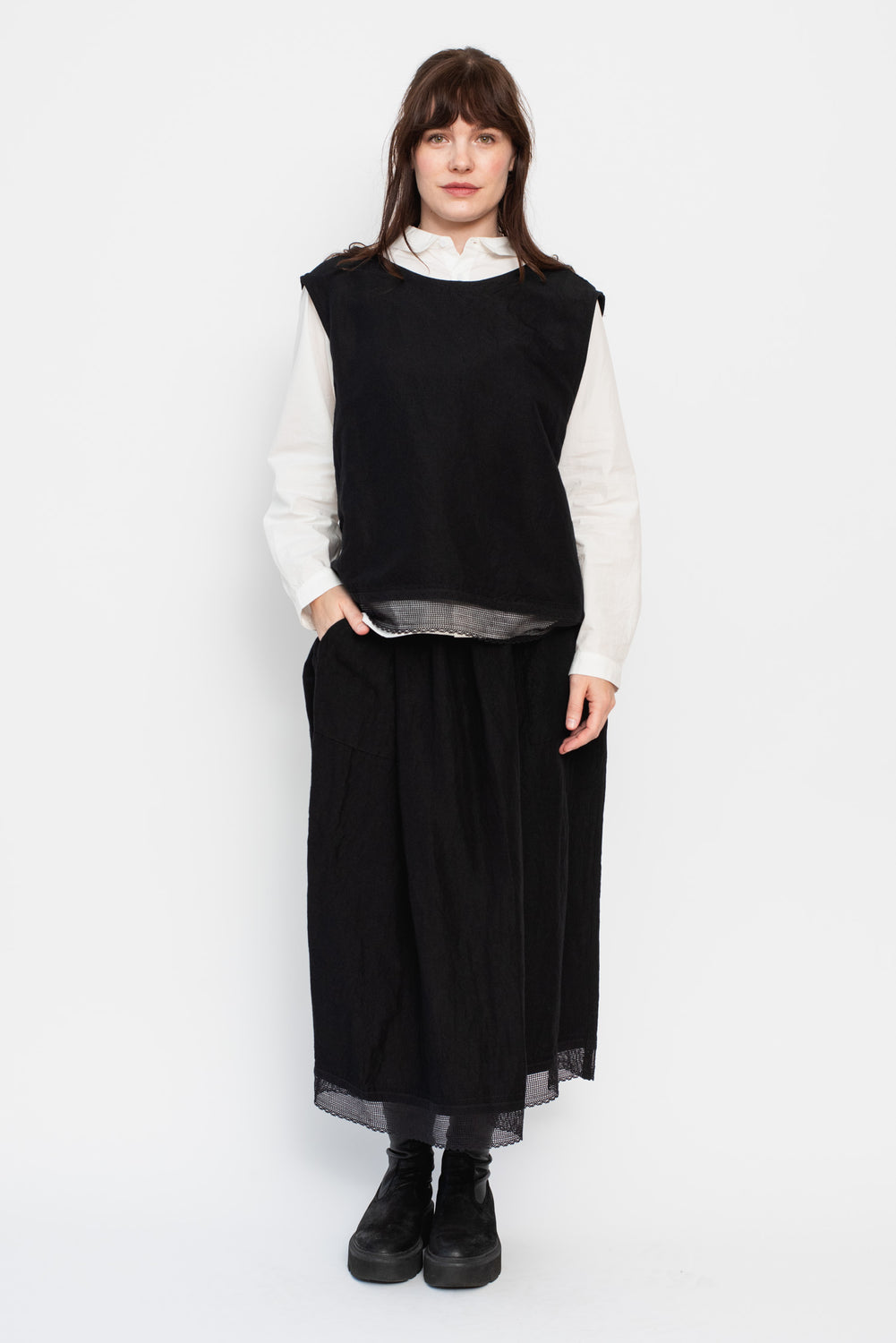 Black Wrap-Back Vest with Lace Trim