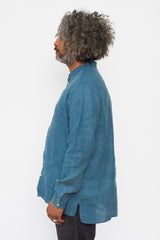 Unisex Button Up Hemp Shirt, Natural Indigo and Walnut