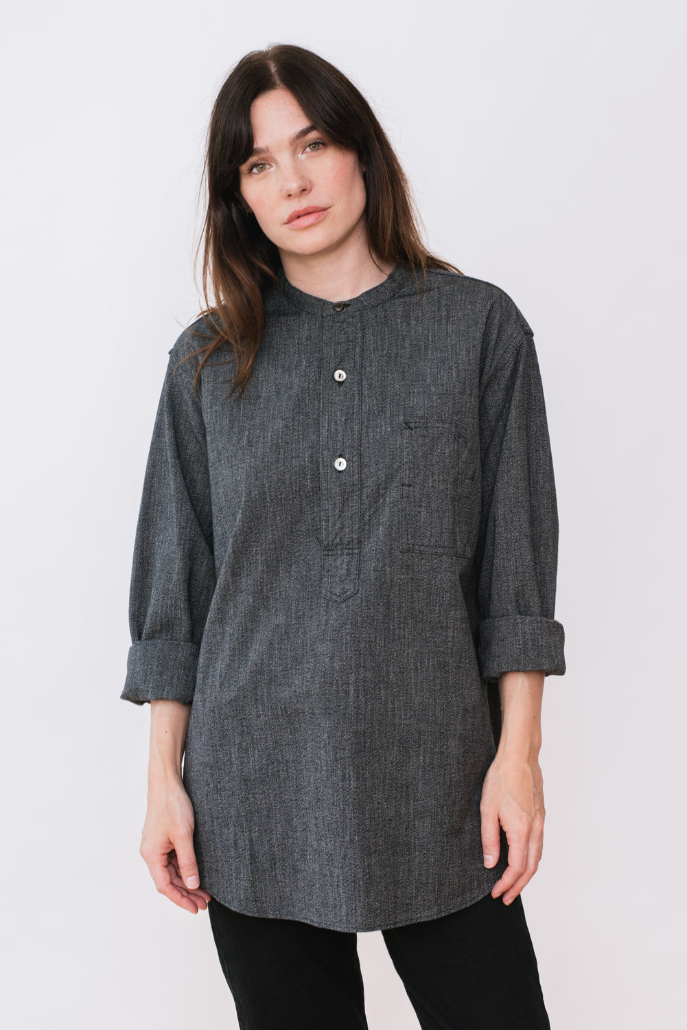 Band Collar Shirt, Grey Covert Salt and Pepper Unisex