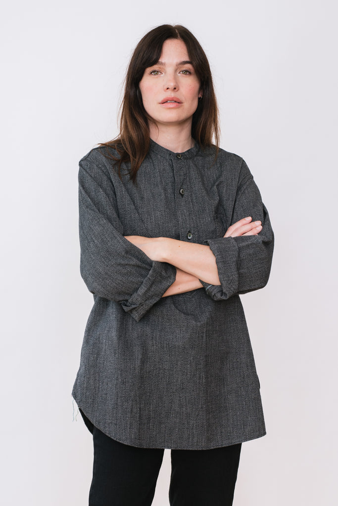Band Collar Shirt, Grey Covert Salt and Pepper Unisex