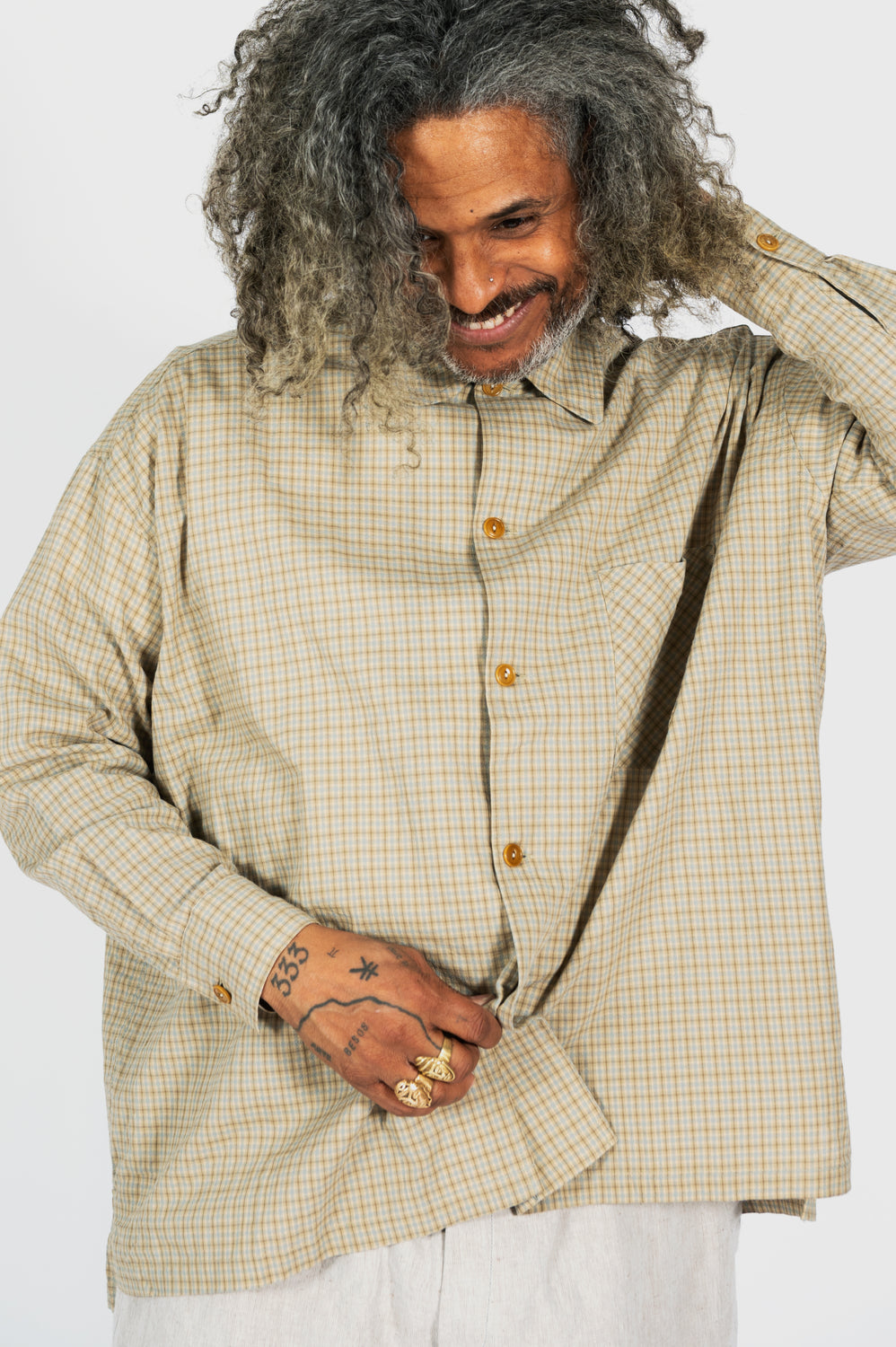 Dobby Check Oversized Shirt Beige, Unisex