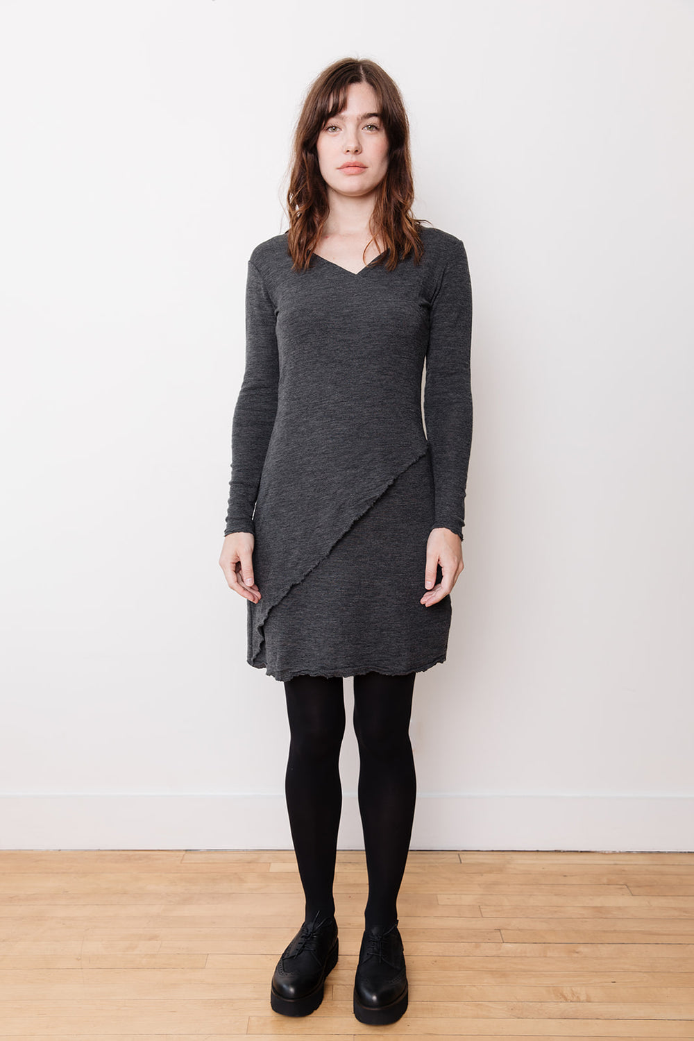 Wool Asymmetrical Wrap Dress, Anthracite