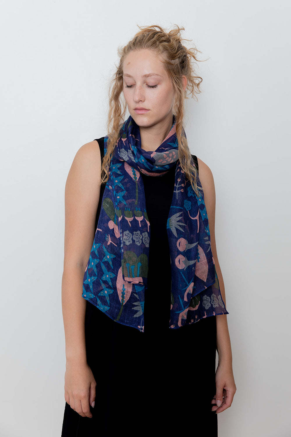 Navy and Pink Pressed Flowers Linen Scarf