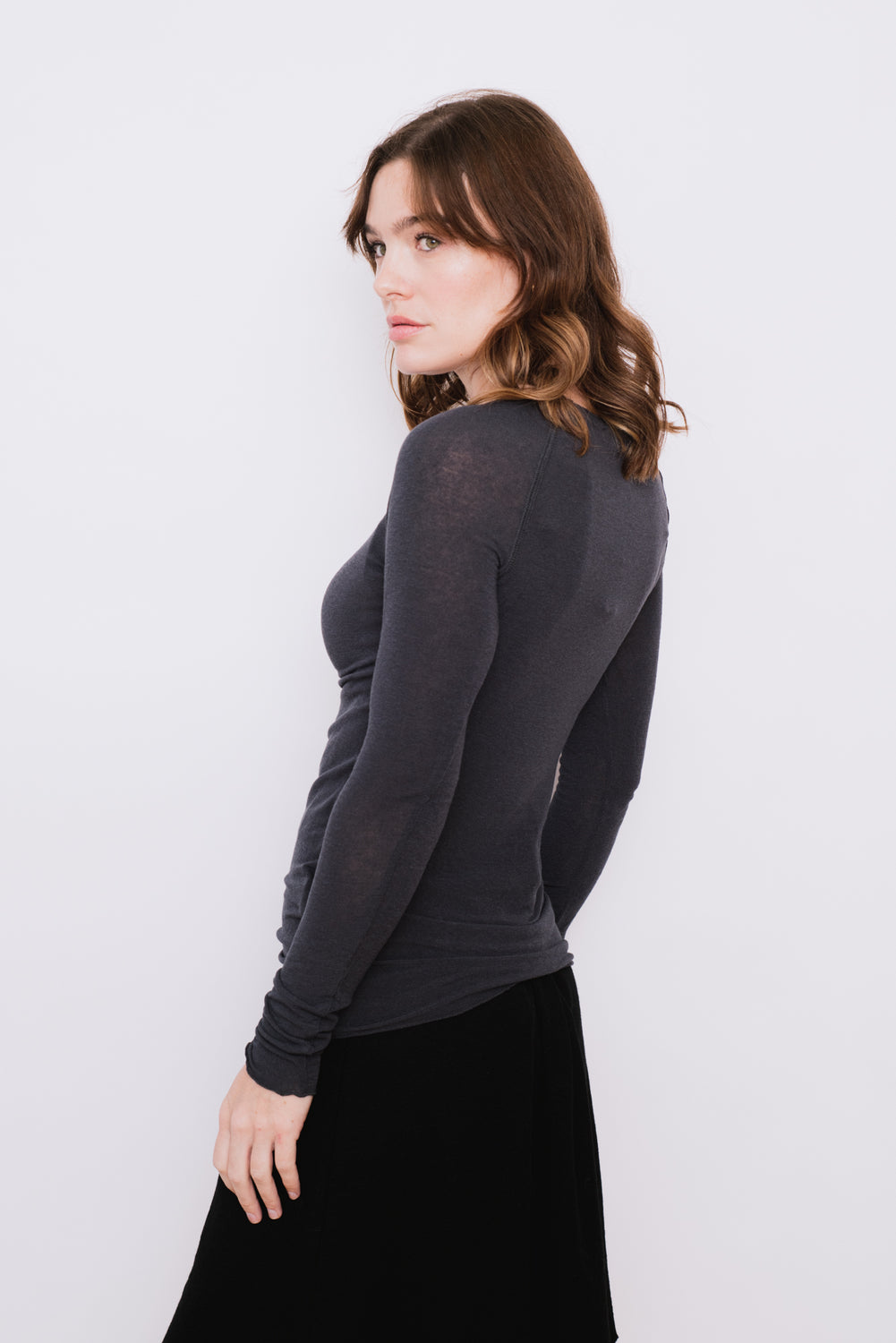 Amalie Long Sleeved Boat Neck Tee Shirt, Dark Grey