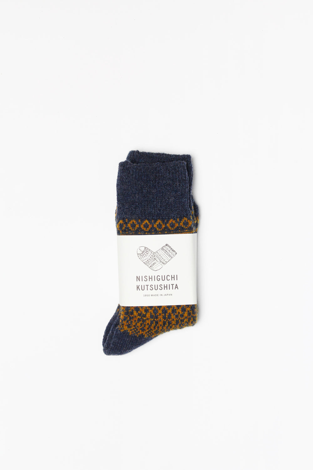 Wool Jacquard Socks, Navy with Mustard