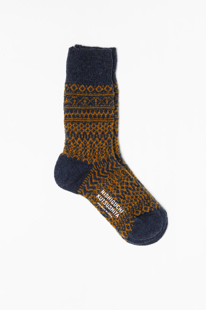 Wool Jacquard Socks, Navy with Mustard