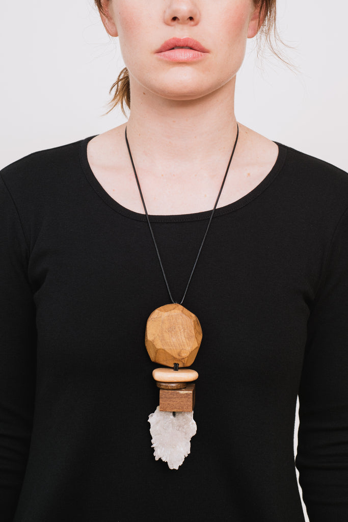 Wood, Seed, Feldspar, Crystal, Leather and Silver Necklace