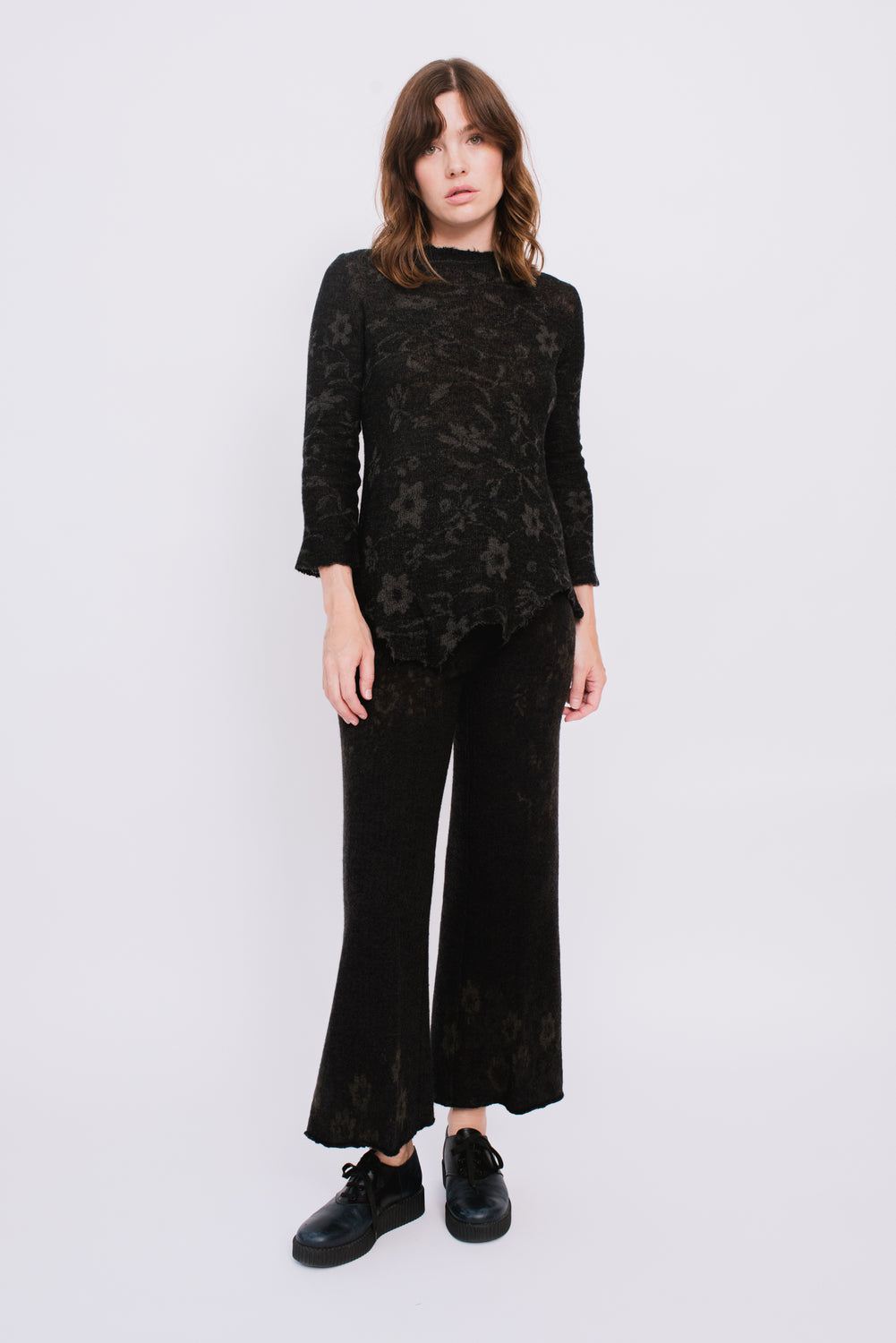 Knit Wool Pants, Dark Charcoal with Floral Pattern