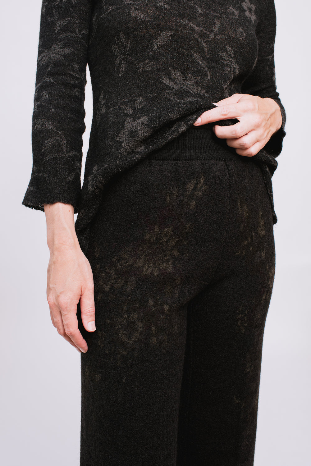 Knit Wool Pants, Dark Charcoal with Floral Pattern