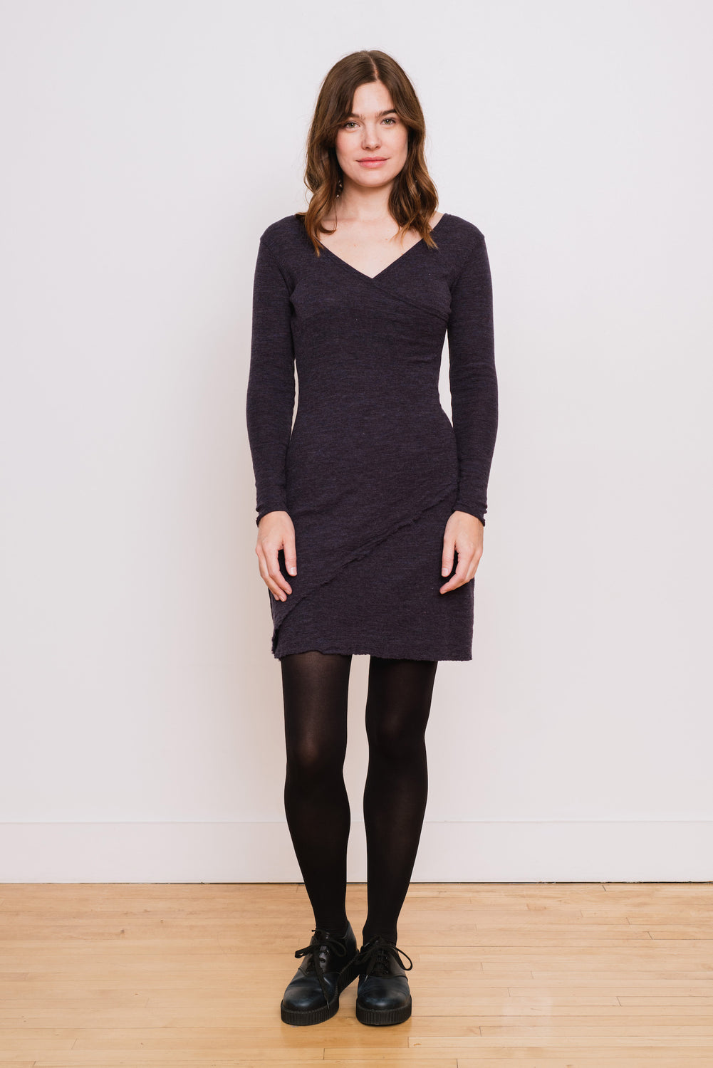 Wool Asymmetrical Wrap Dress, Plum Melange