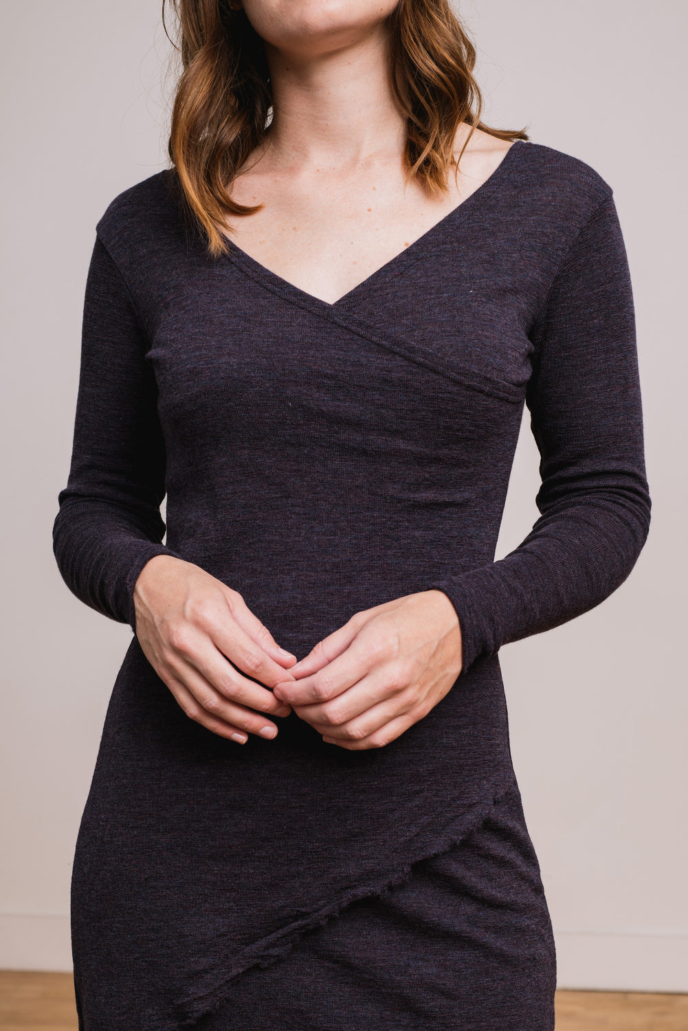 Wool Asymmetrical Wrap Dress, Plum Melange