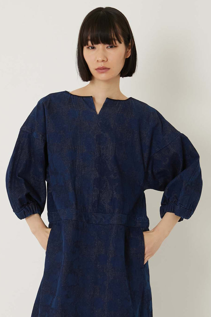 Discharge Printed Denim-Tsujigahana-Pullover Dress