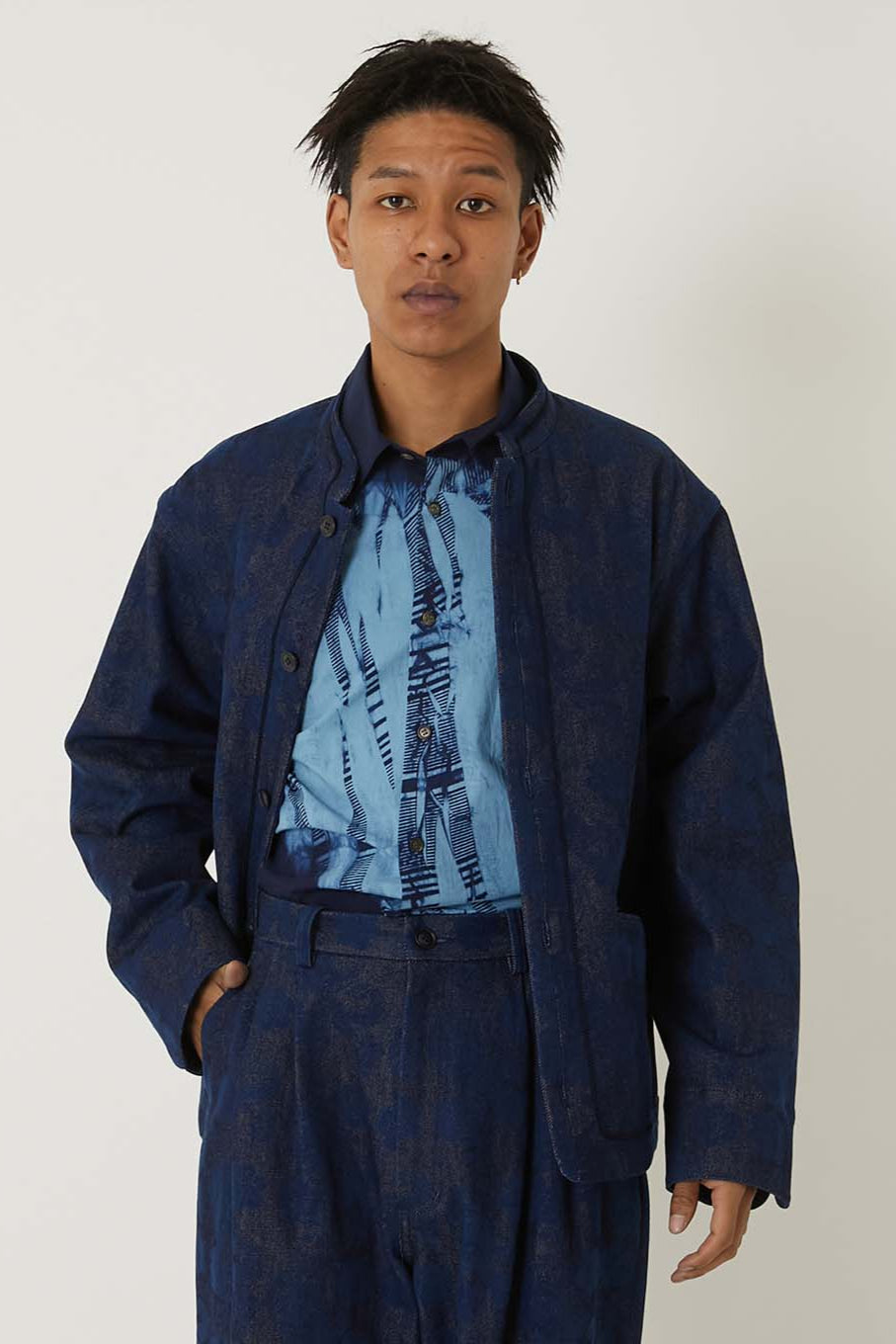 Woven Discharge Printed Denim Tsujigahana Stand Up Collar Jacket