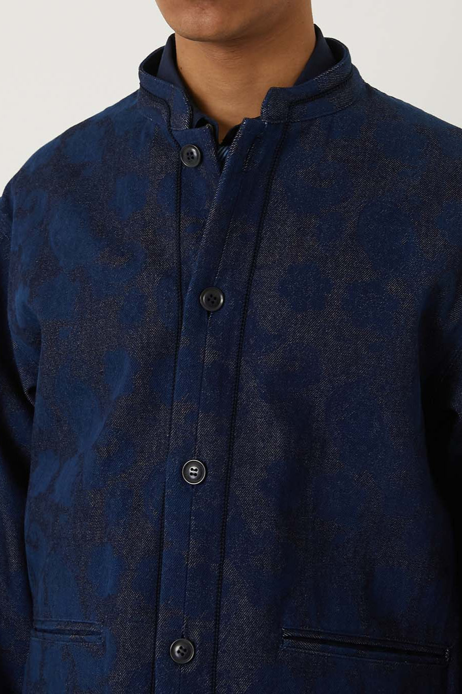 Woven Discharge Printed Denim Tsujigahana Stand Up Collar Jacket