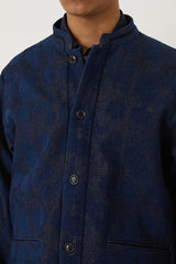 Woven Discharge Printed Denim Tsujigahana Stand Up Collar Jacket
