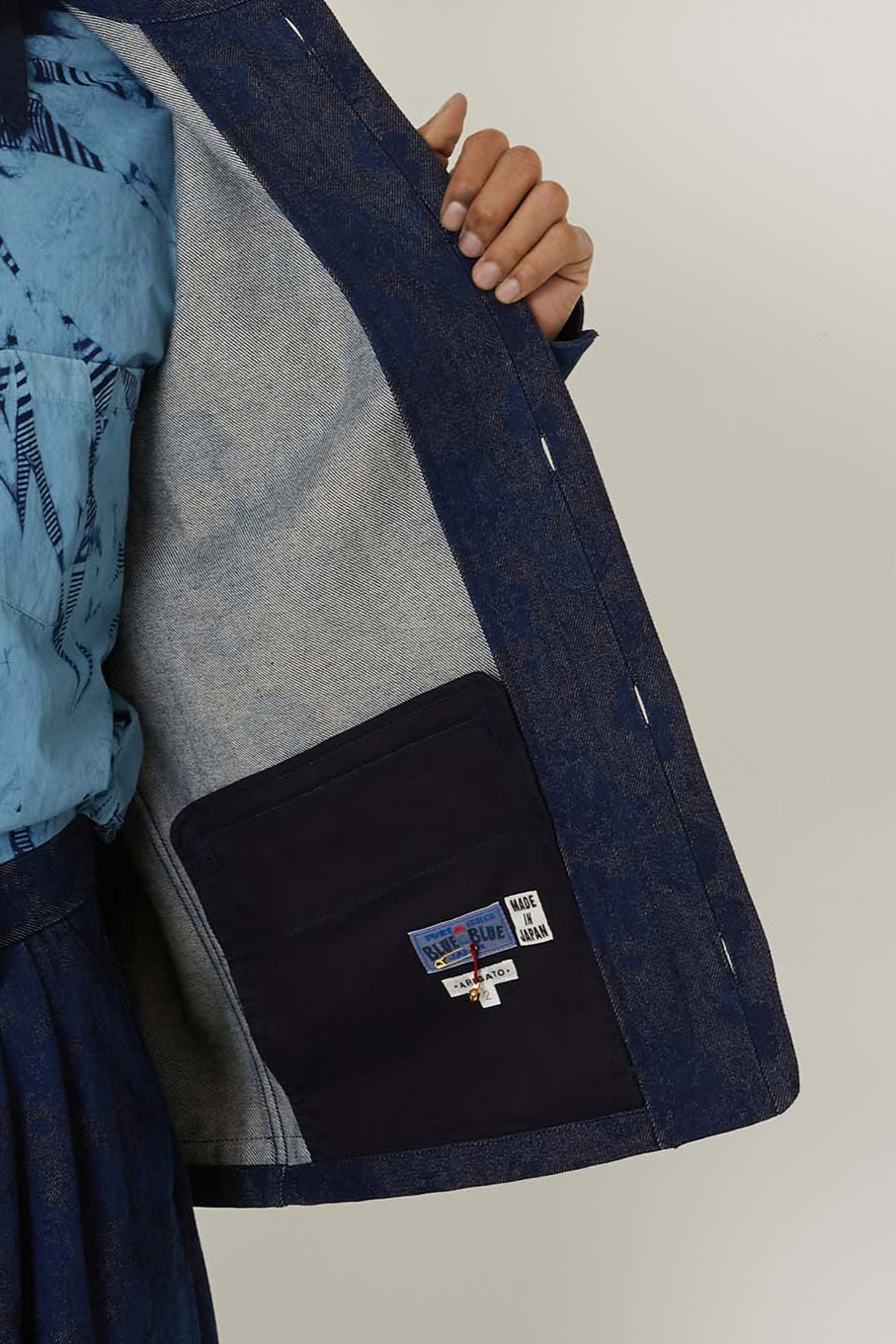 Woven Discharge Printed Denim Tsujigahana Stand Up Collar Jacket