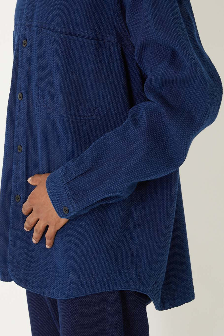 Kasezome Sashiko Band Collar Long Sleeve Shirt