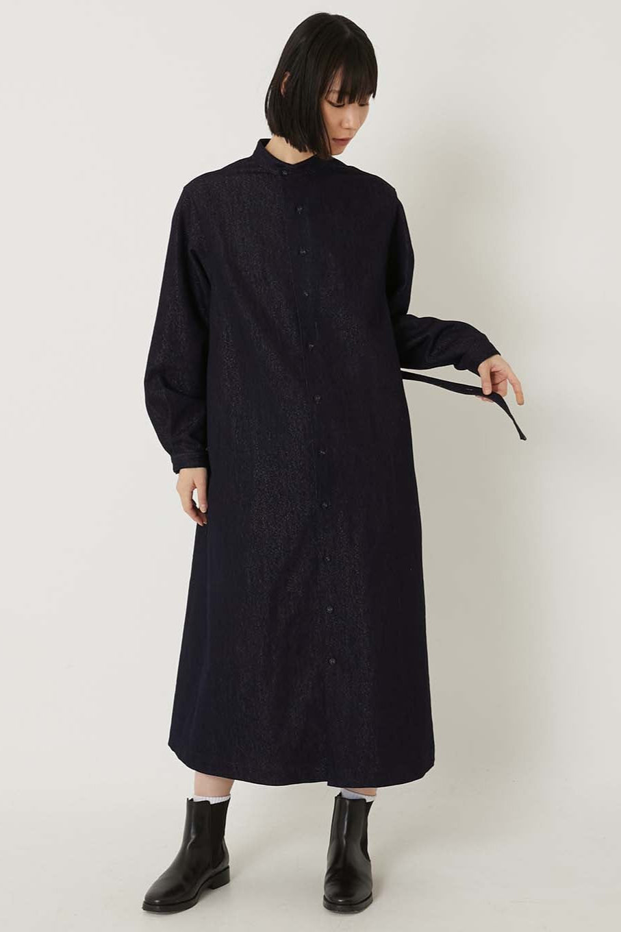Gold Yarn Indigo Band Collar Shirt Dress