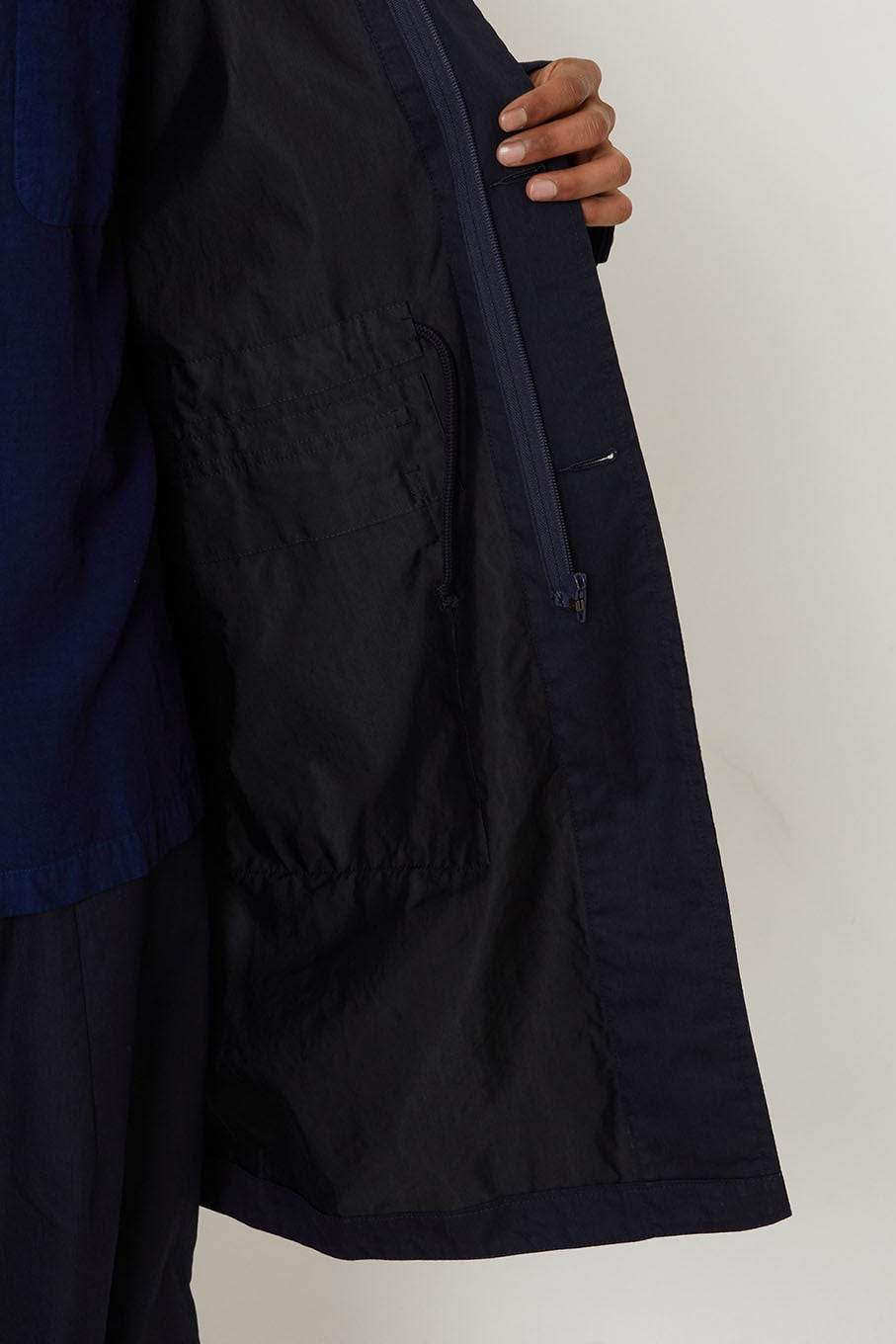 Woven Indigo Nylon Satin Field Coat