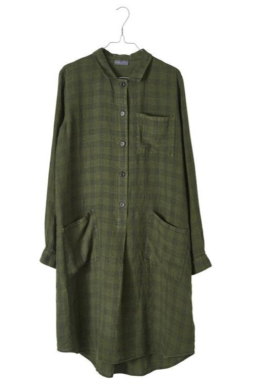 Green Check Linen Shirt Dress