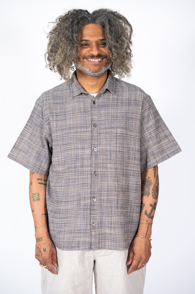 Unisex Organic S/S Cotton Slub Shirt, Navy and Gray