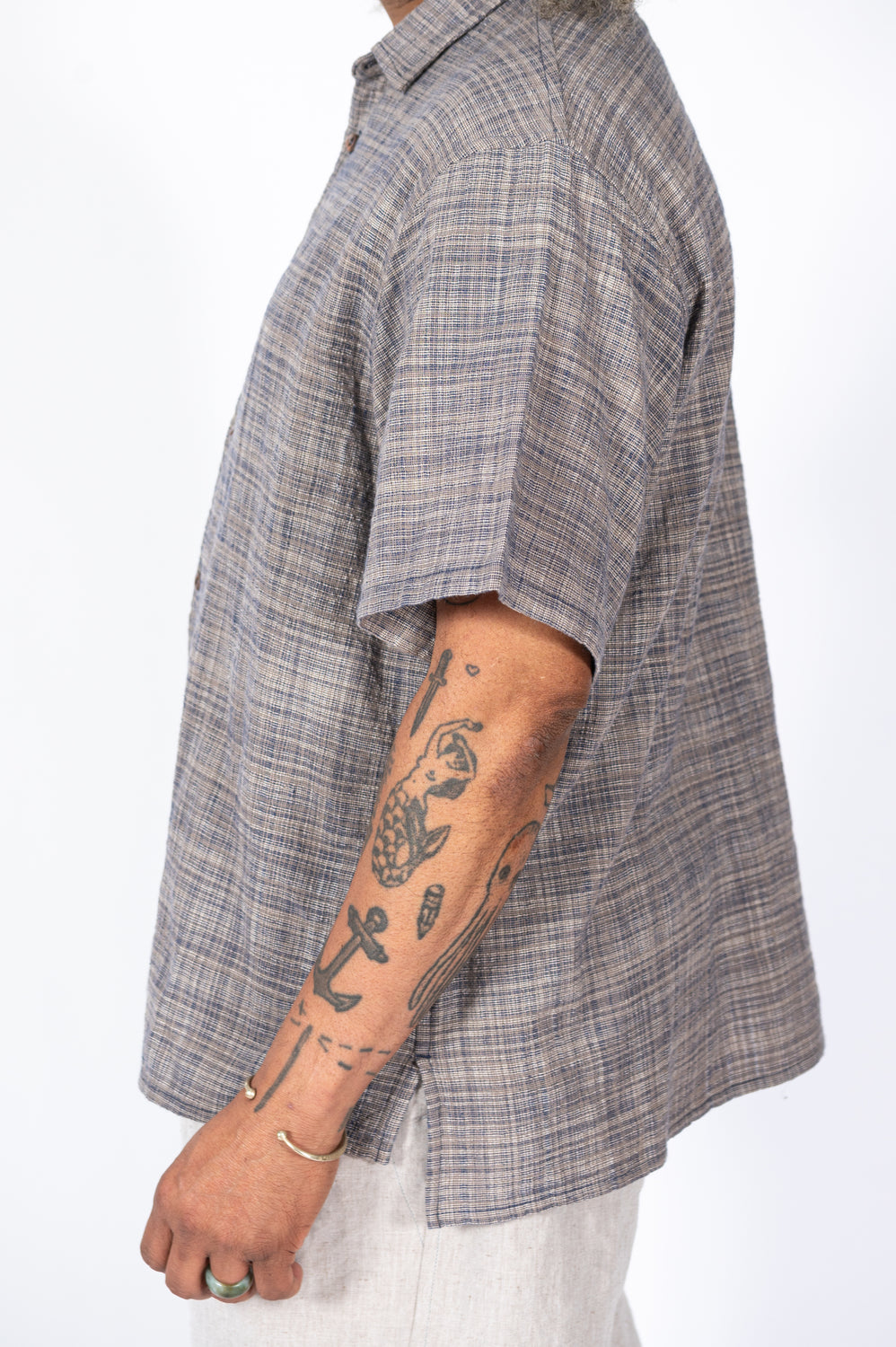 Unisex Organic S/S Cotton Slub Shirt, Navy and Gray