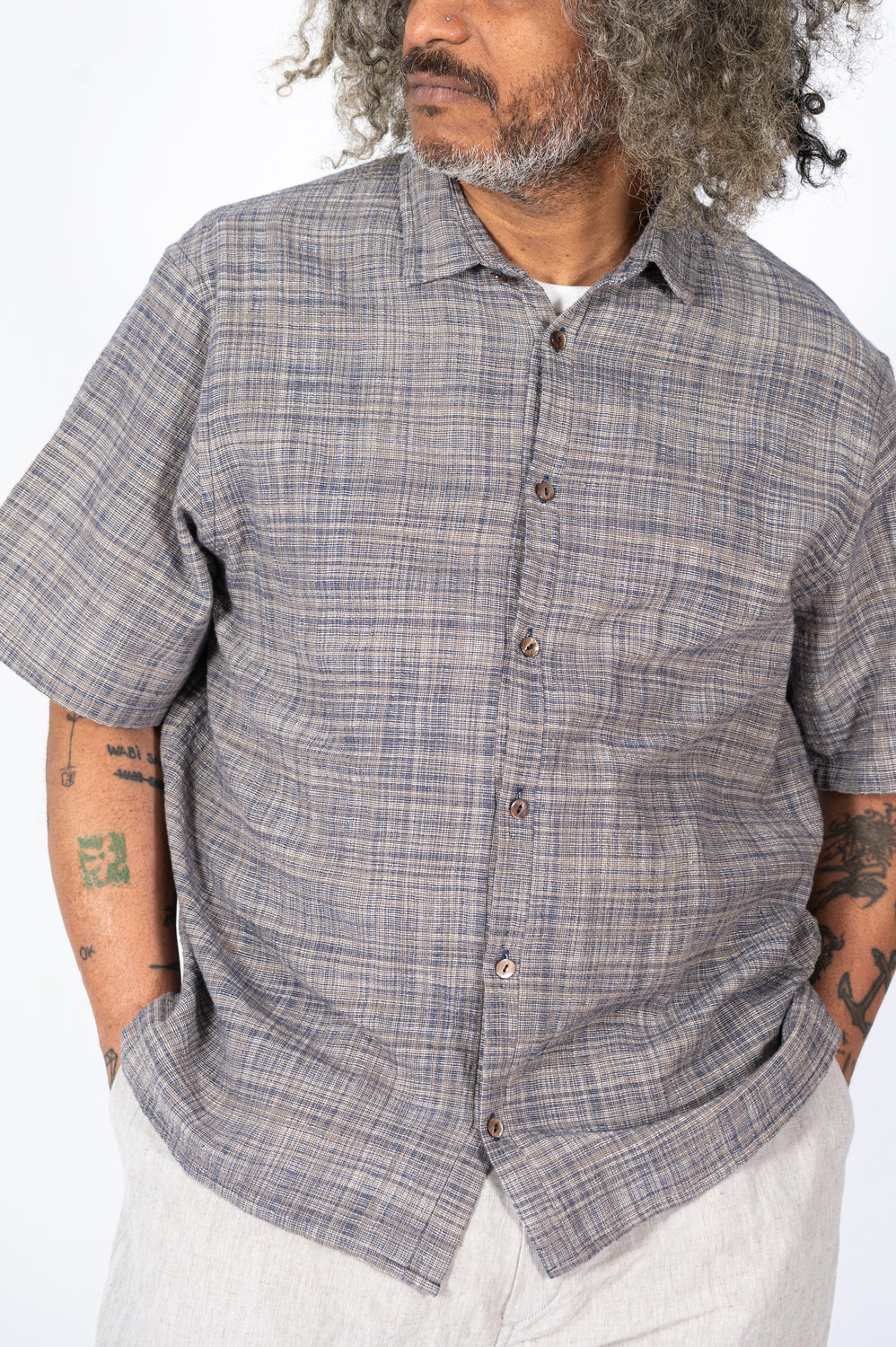Unisex Organic S/S Cotton Slub Shirt, Navy and Gray
